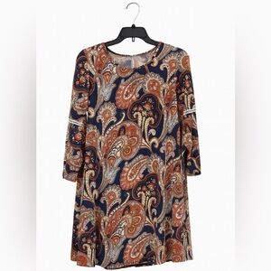 SJS Women’s Size Small Blue & Orange Paisley Shift Dress Split Sleeves Lace Band